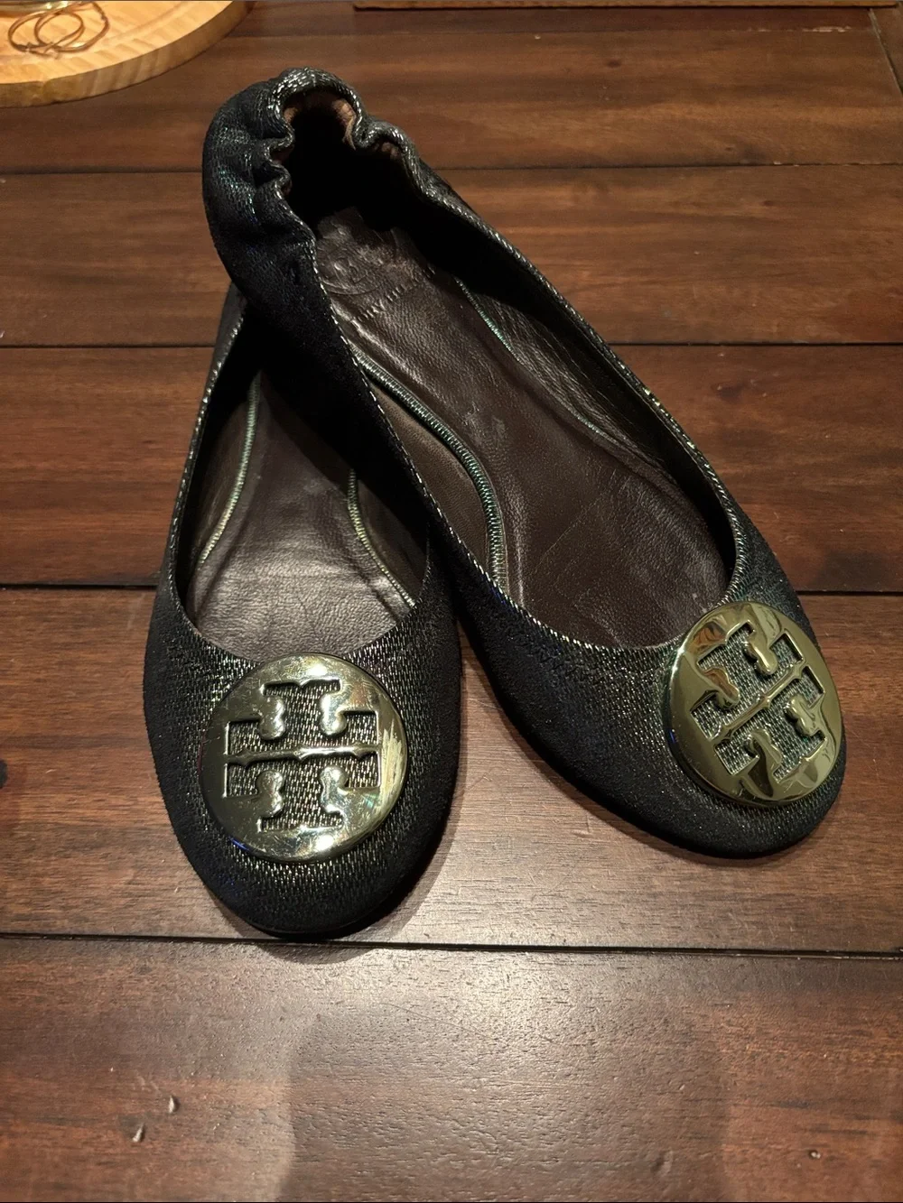 Tory Burch Black Metallic Logo Ballet Flats